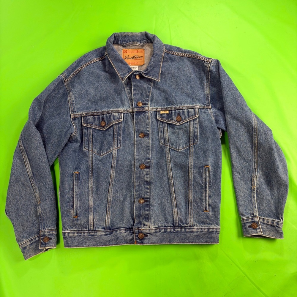 Levi Strauss Signature Trucker Jacket Mens L Blue Cotton Denim Jean Button Coat